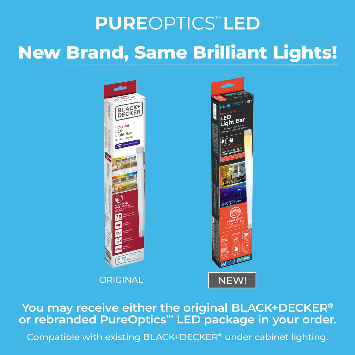 PureOptics LED Professional Push Wire Under Cabinet Light Bar, Add-on, Plug-in or Hardwire Compatible, Adjustable White and RGB LED, for Kitchen