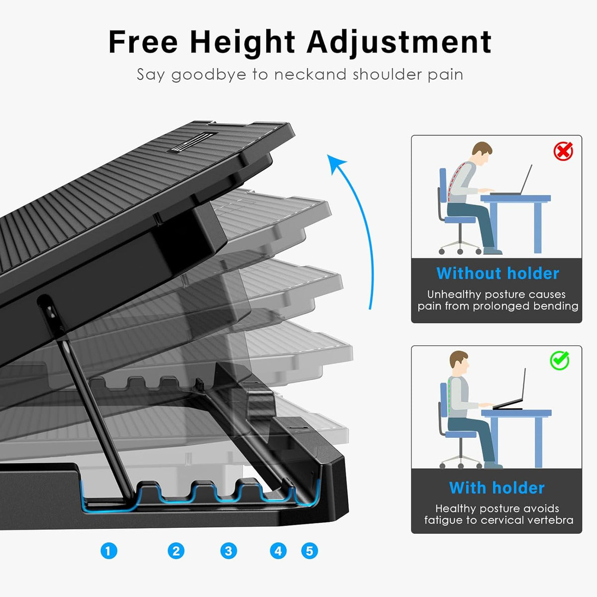 Laptop Cooling Pad, Laptop Cooler 6 Quiet Fans for 12"-17" Laptops, Laptop Cooler Stand with Phone Stand, Gaming Laptop Fan Cooling Pad Slim Portable USB Powered with 5 Angle Adjustable, 2 USB Ports