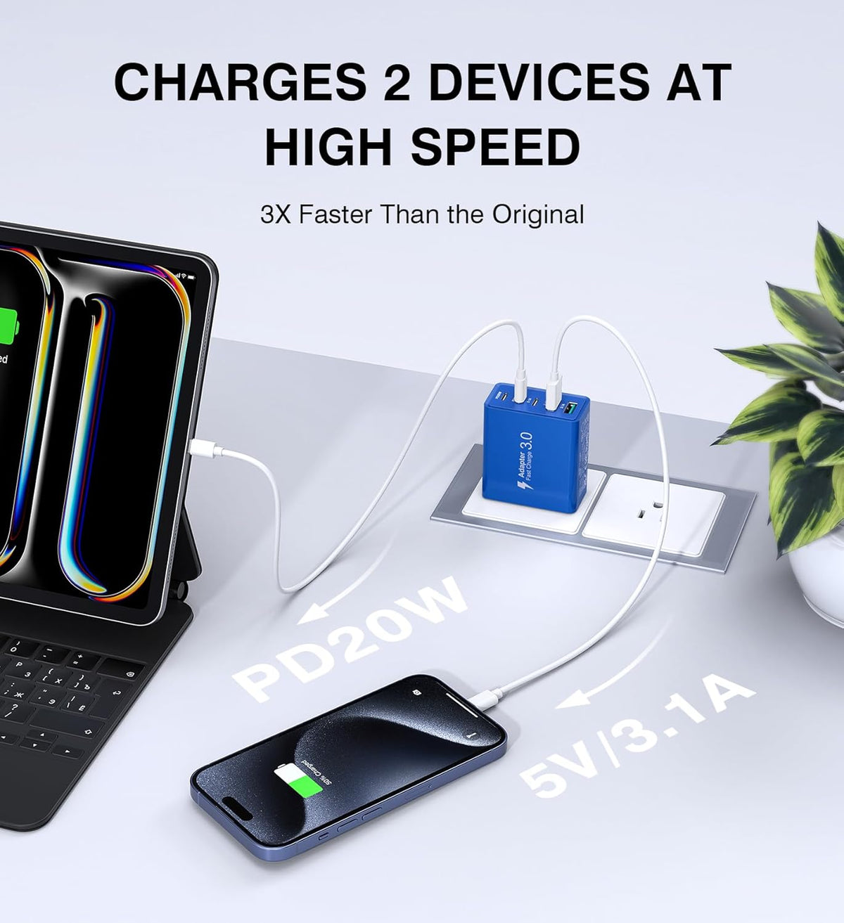 50W USB C Fast Charger Cube,2 Pack PD+QC Charging Block Power Adapter 5 Port Wall Mount Plug for iPhone 16 15 14 13 12, Motorola, LG, Google Pixel 6a/6 Pro/6/5a/5/4/4A Box Brick (Dark Blue)