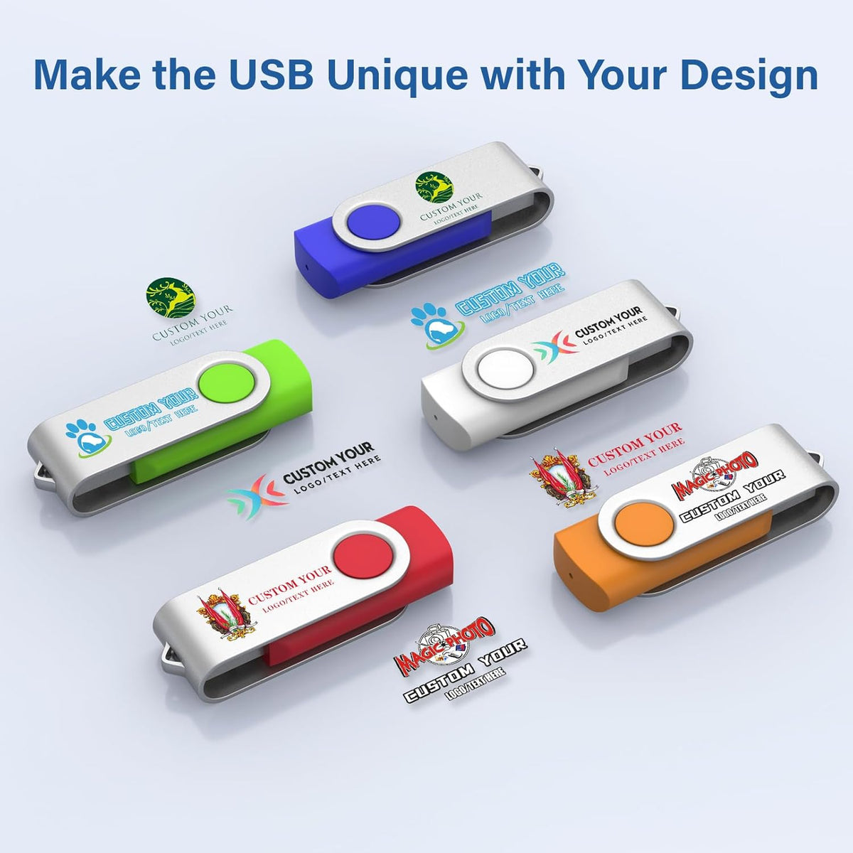 Personalized Flash Drives 128GB, Wooolken Customizable USB 2.0 Thumb Drives 10/20/50/100 Pack, Logo Memory Stick Custom Flash Drive Engraved Logo (Mixcolors)