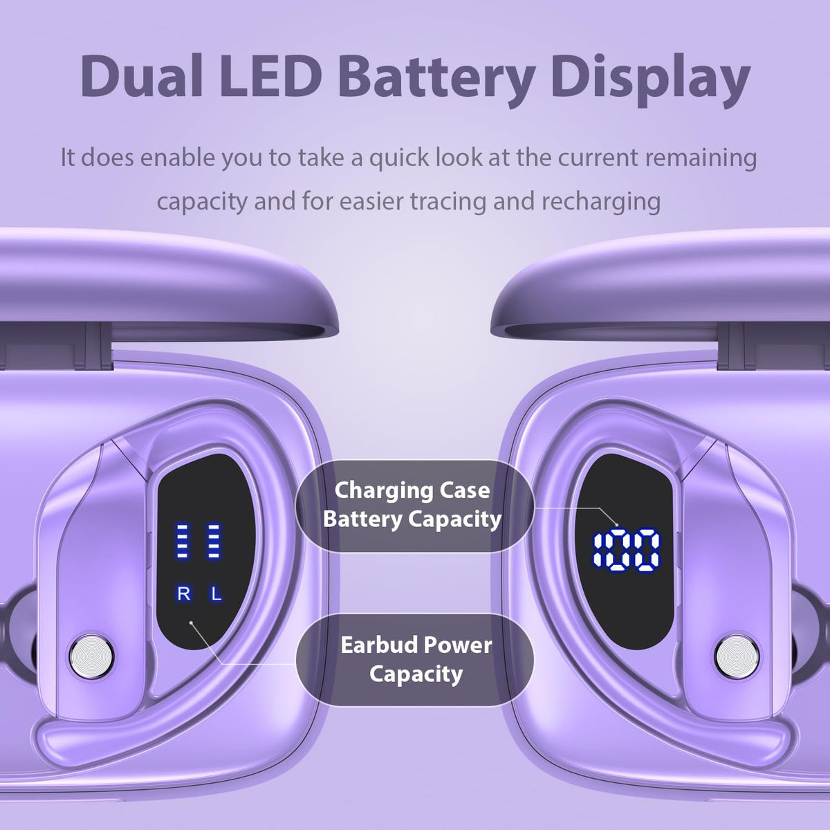bmanl Wireless Earbuds Bluetooth Headphones 48hrs Play Back Sport Earphones with LED Display Over-Ear Buds with Earhooks Built-in Mic Headset for Workout Purple