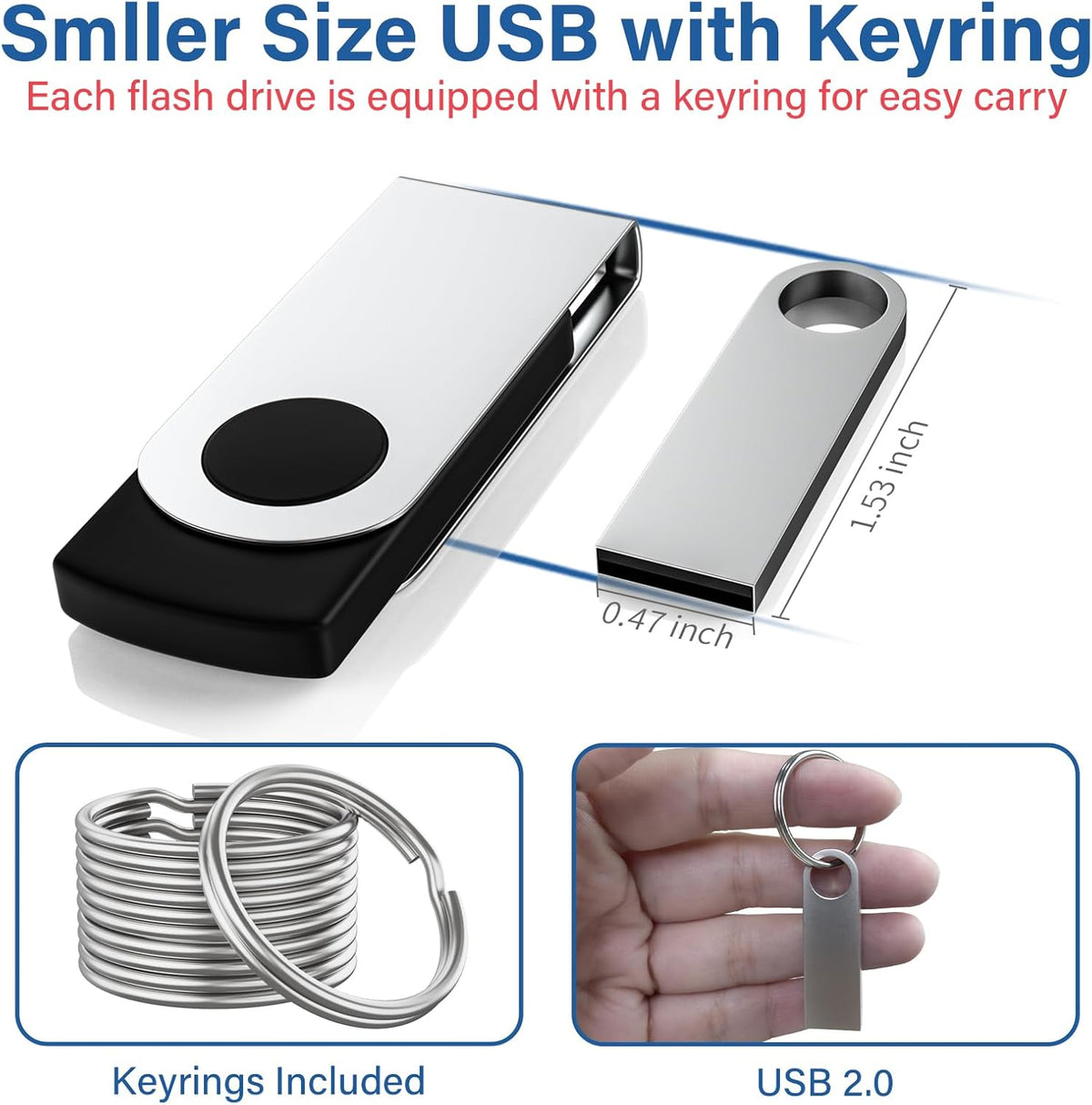 5 Pack 2GB USB Flash Drive with Keychains, Wooolken Sleek Metal USB 2.0 Thumb Drives Memory Stick for PC Laptop Computer