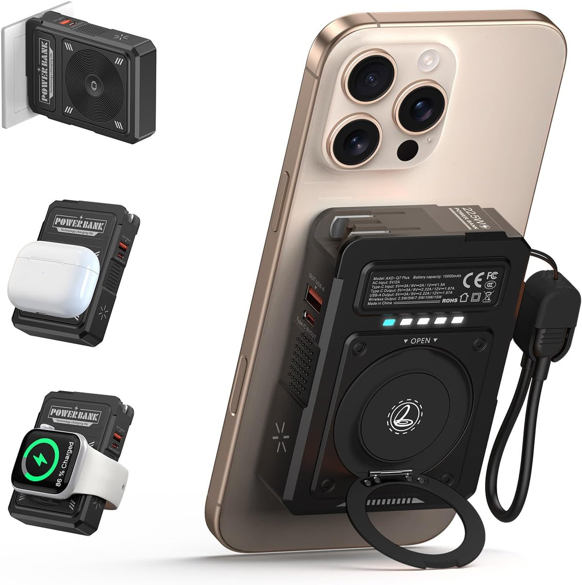 for Magsafe Battery Pack 10000mAh,5-in-1 Magnetic Power Bank Built in AC Plug,Magnetic Wireless Portable Charger for Apple Watch,22.5W Fast Charging Power Bank for iPhone 16 Pro Max/15/14/13/12 Mini