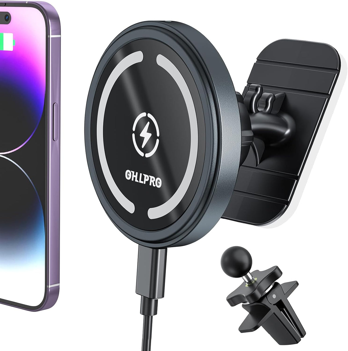 OHLPRO for MagSafe Car Mount Charger iPhone Wireless Car Charger, Stick on Dashboard Magnetic Phone Holder Mount for iPhone 16 Pro Plus Max 15 14 13 12 Series, 15W Fast Charging, Aluminum Shell