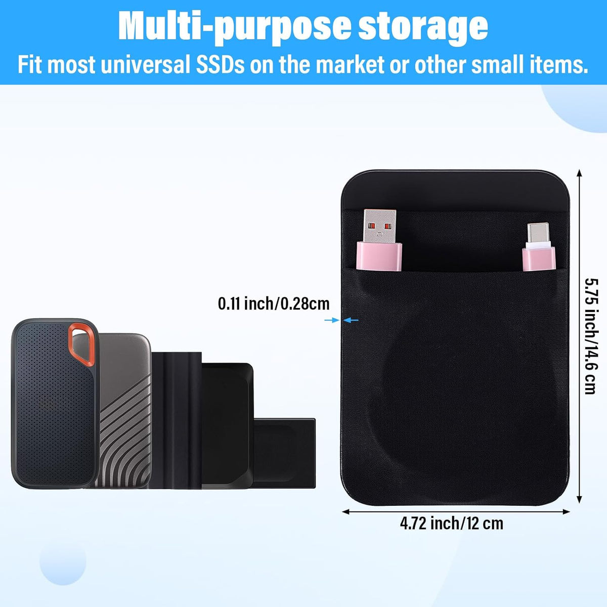 Gsbnjuy 2-Pocket Portable Hard Drive Sleeve Stick on Pouch with Reusable Adhesive SSD Hard Drives Carrying Case