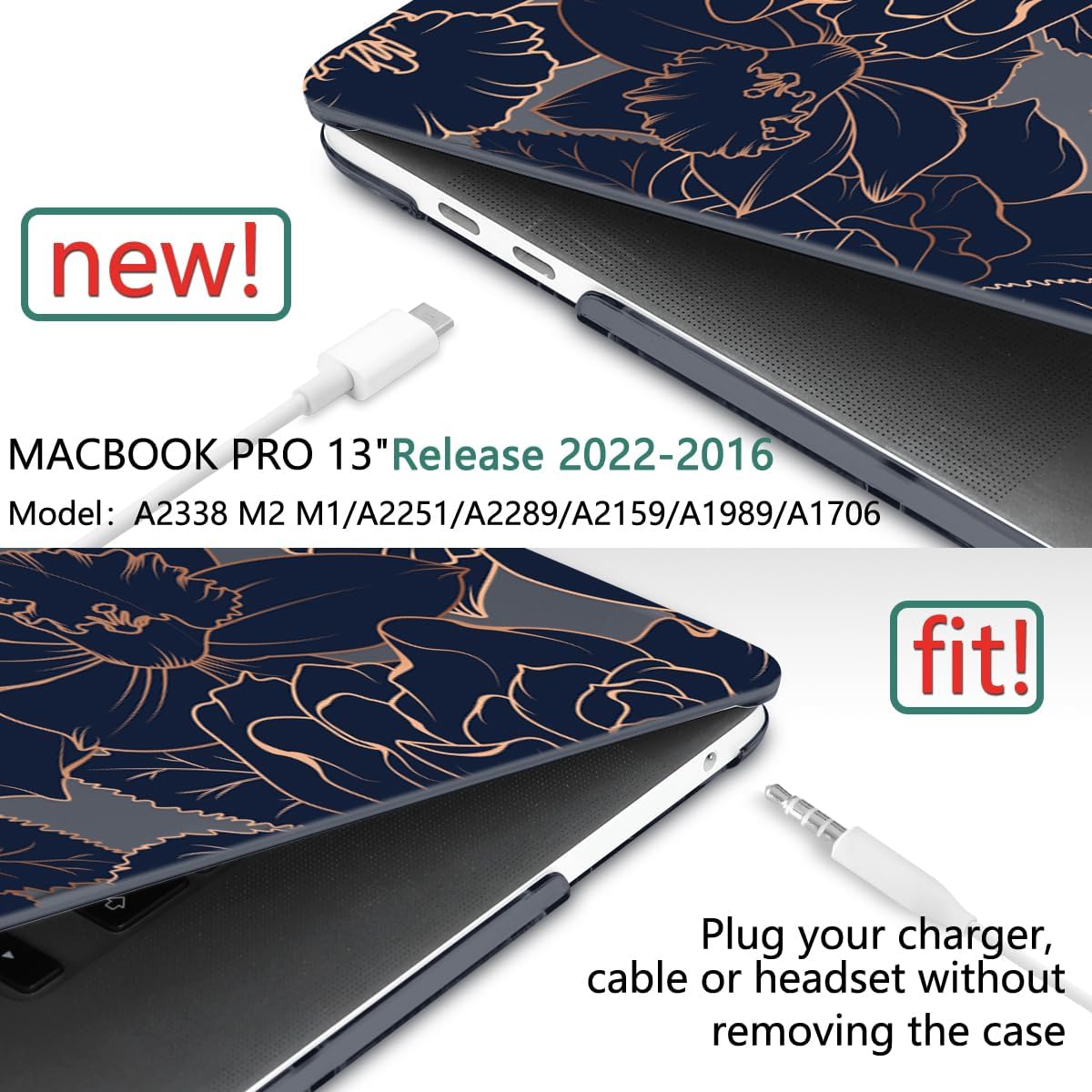 TWOLSKOO Compatible with MacBook Pro 13 inch Case 2023-2016 A2338 M2/M1 A2251 A2289 A2159 A1989 A1706, Plastic Hard Shell Cover & Keyboard Skin & Screen Protector, Elegant Roses