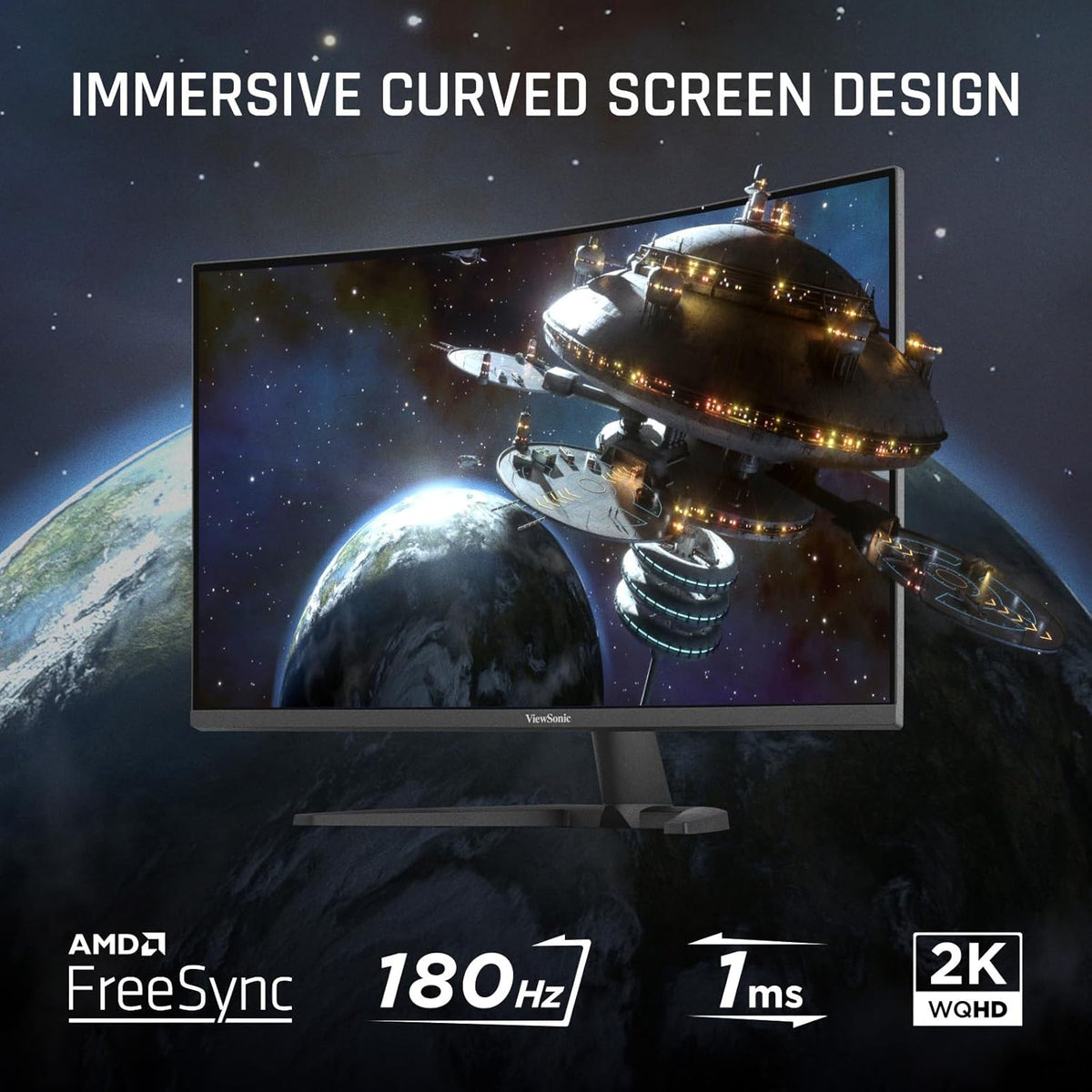 ViewSonic VX3228C-2K 32 Inch 1440p Curved Gaming Monitor with 1ms, 180Hz, FreeSync, Eye Care, HDMI, and DisplayPort Inputs