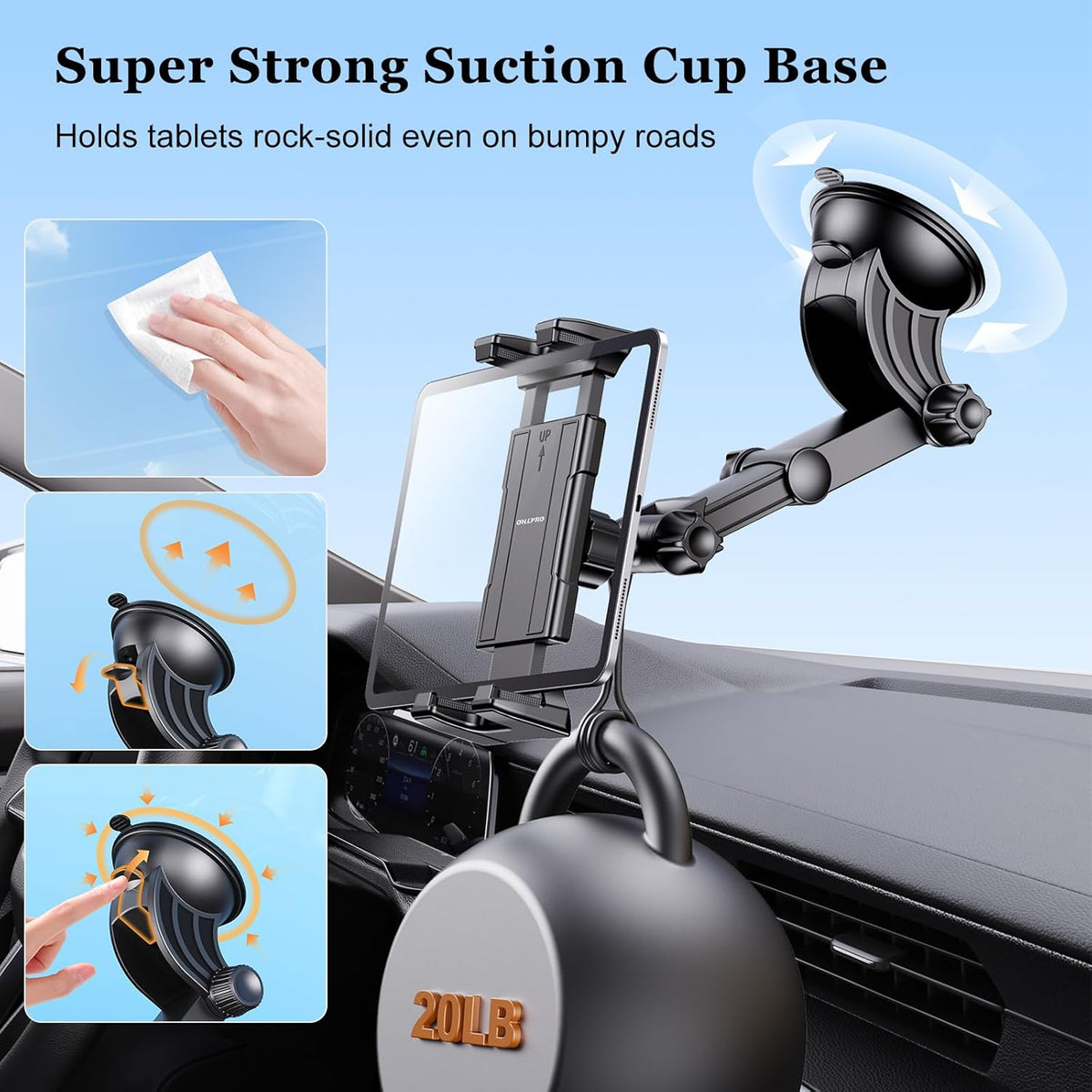 OHLPRO Tablet Holder for Car Dashboard [Suction Cup Mount] Windshield Wall Desk, Adjustable Stand for 5-13" iPad mini Air Pro Galaxy Tab S9 Phone - Heavy Duty Truck Accessories