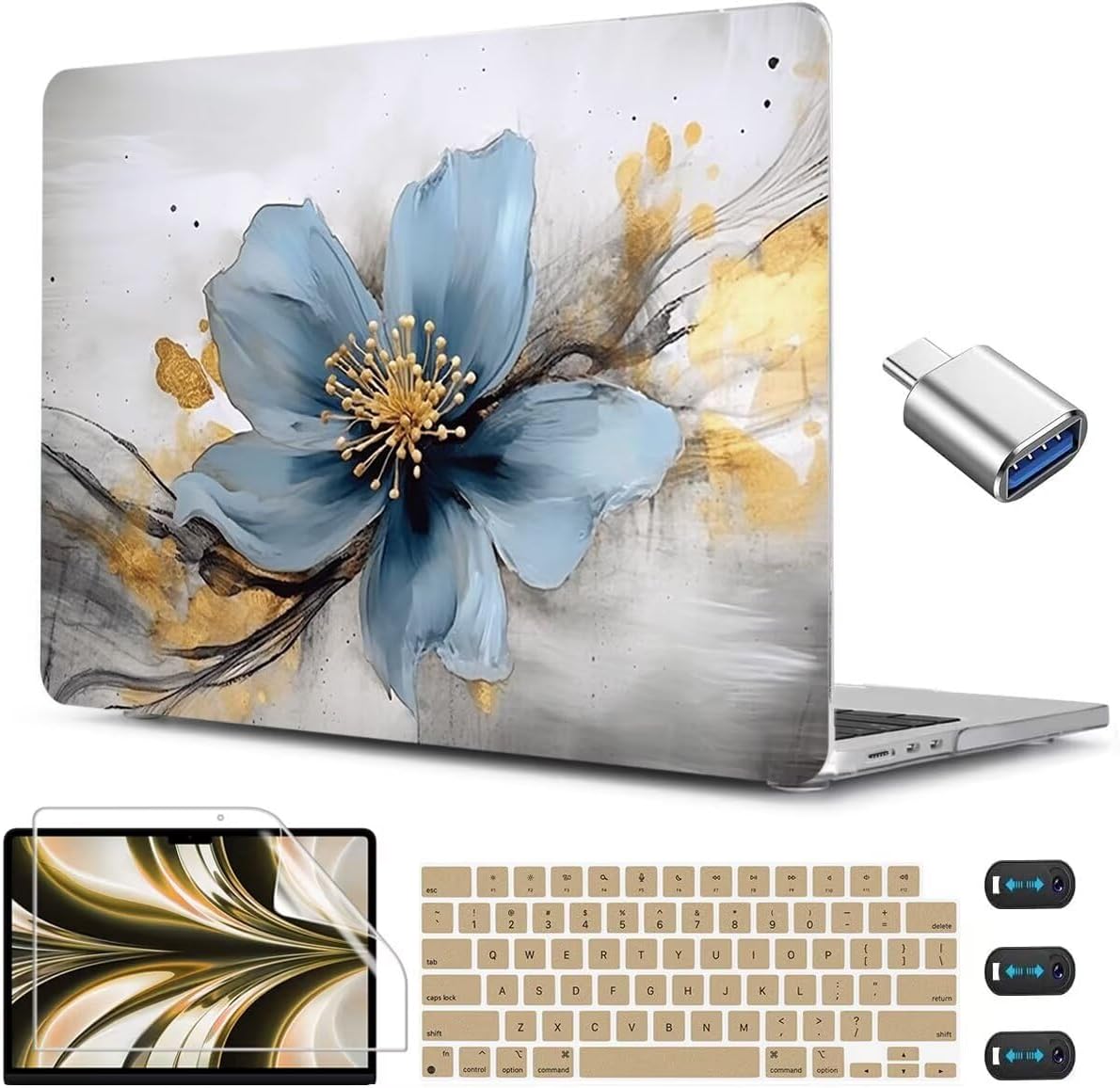 CISSOOK for MacBook Air 13.6 inch Case 2025 2024 2023 2022 Release Model A3240 A3113 A2681, Laptop Hard Shell Cases with Keyboard Cover Type C Adapter for MacBook Air 13 M2 M3 M4, Retro Golden Floral