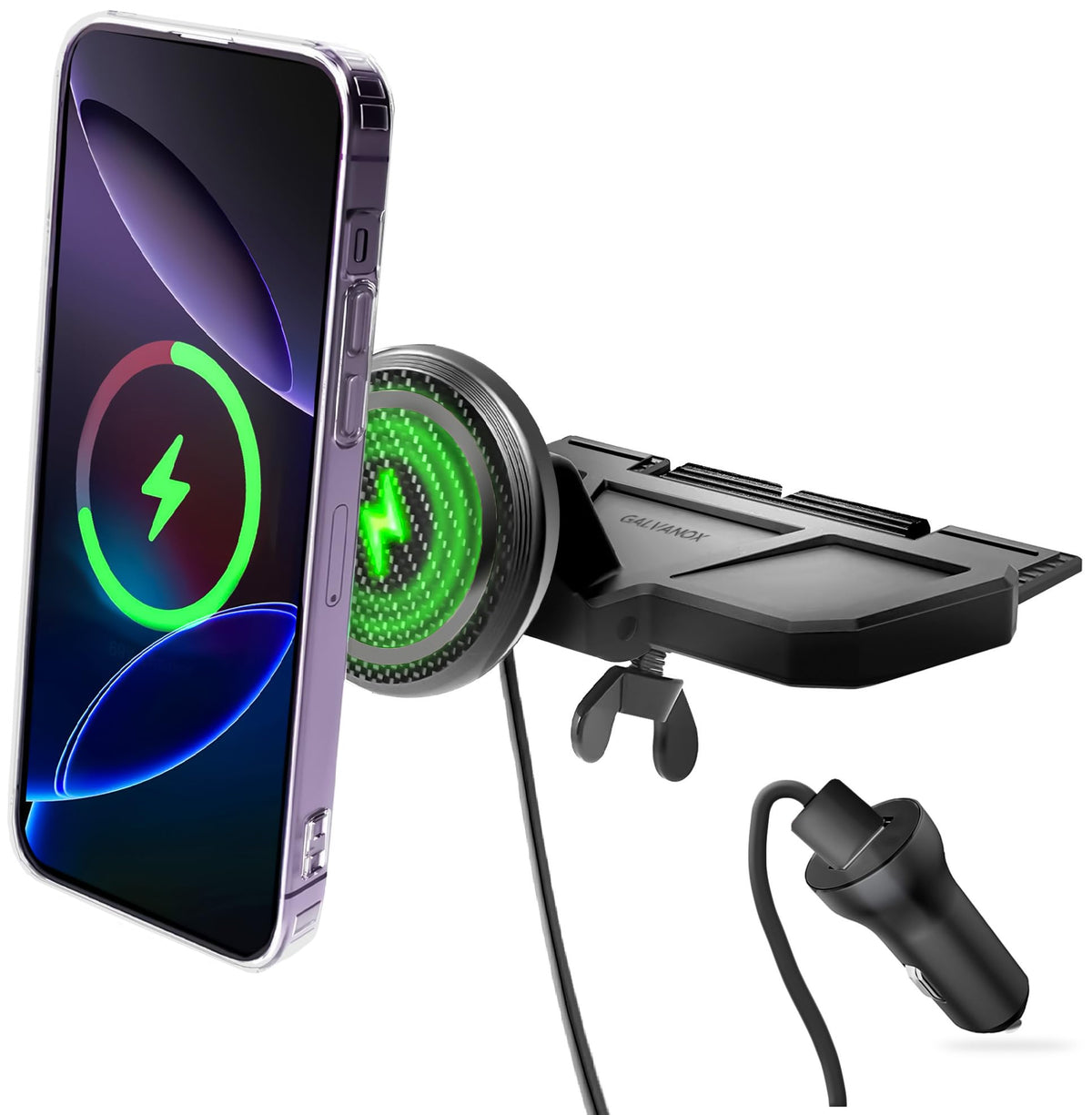 Galvanox Wireless Charging Car Cd Slot Phone Holder - Magnetic Mount Charger With Secure Cd-Player Attachment - Compatible With