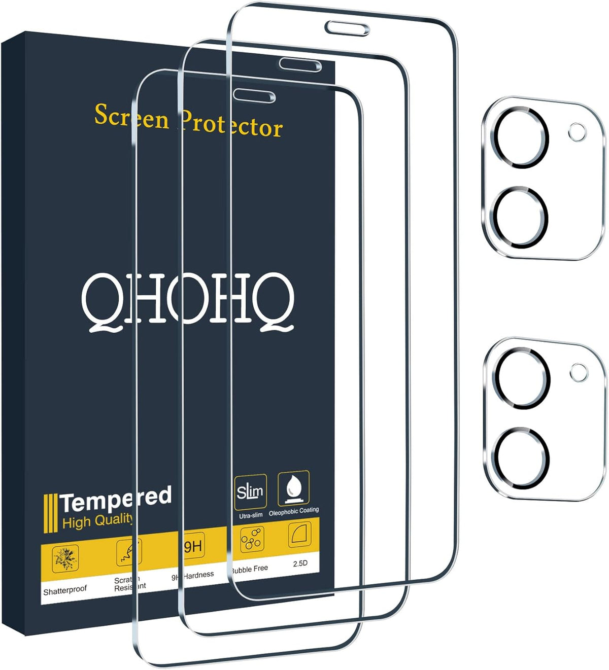 QHOHQ iPhone 12 Screen Protector 3 Pack, Ultra HD, 9H Hardness, Scratch Resistant, with 2 Tempered Glass Lens