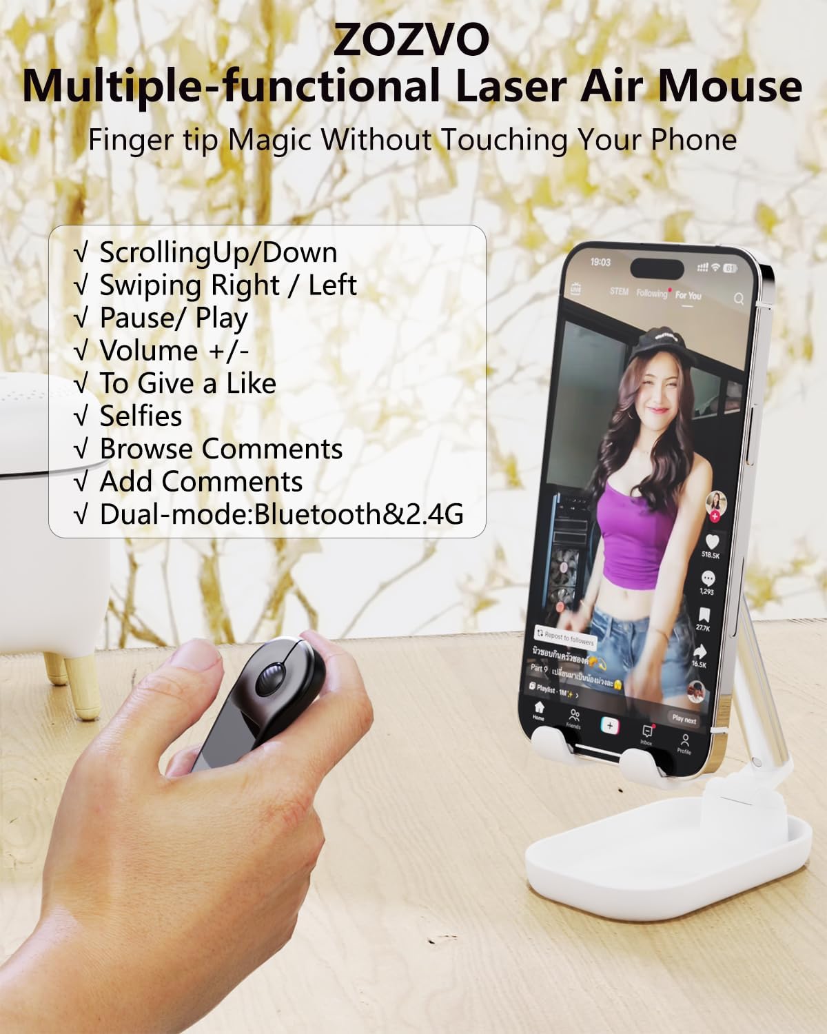 Rechargeable Air Mouse for PC/iOS/Android with Touchpad Wireless PPT Presenter with Bluetooth 2.4G, Works with PowerPoint/Keynote/TikTok/Camera/Kindle App (Black)