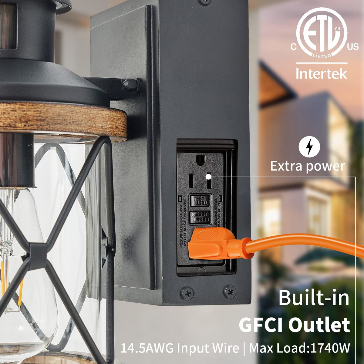 Dusk to Dawn Motion Sensor Outdoor Porch Light with GFCI Outlet,3 Lighting Modes Anti-Rust Waterproof Industrial Outdoor Lantern,Exterior Work lights
