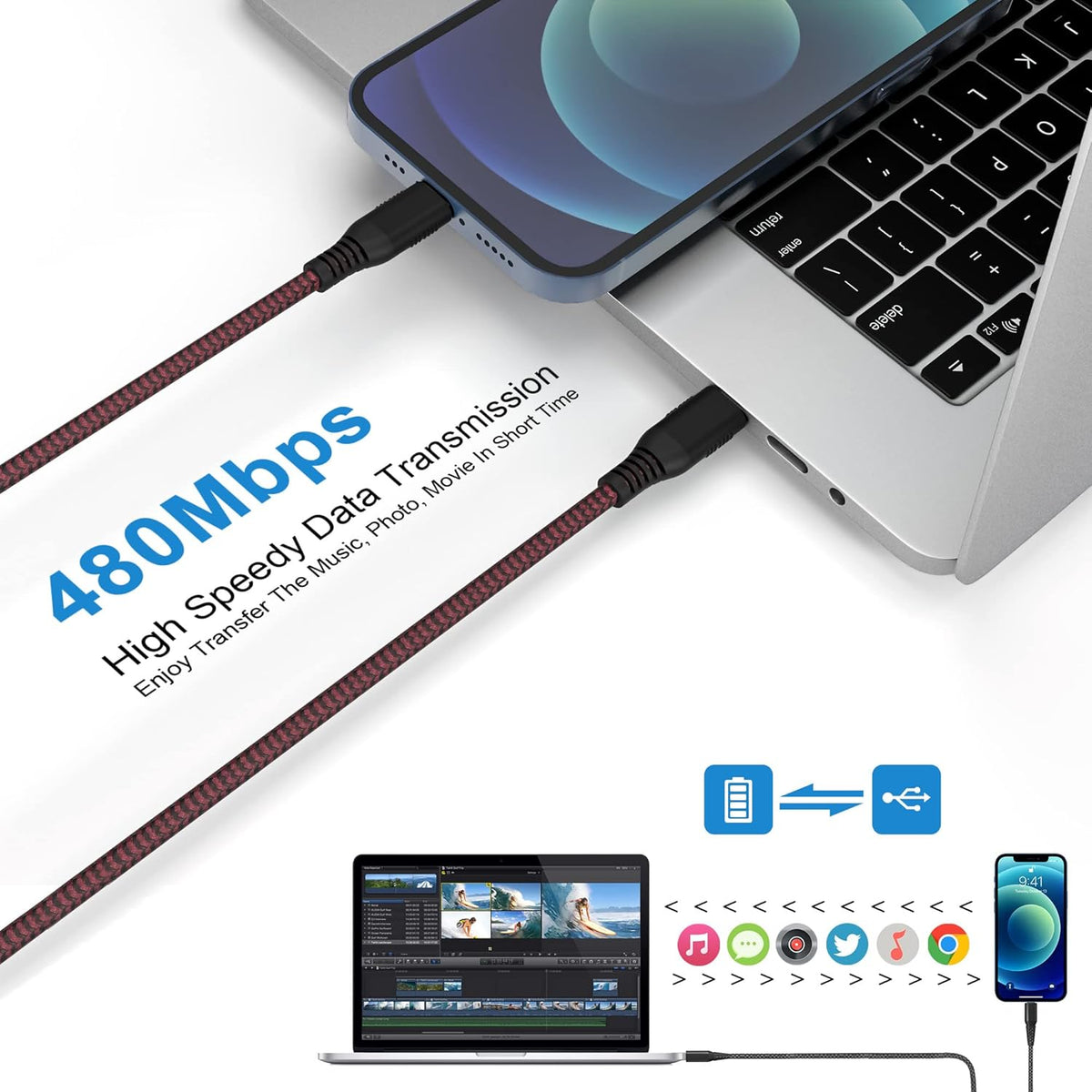 New Nylon USB-C to Lightning Charging Cord, 20FT/6M [MFi Certified] Extra Long Fast Charging Cable for iPhone 13/12/11