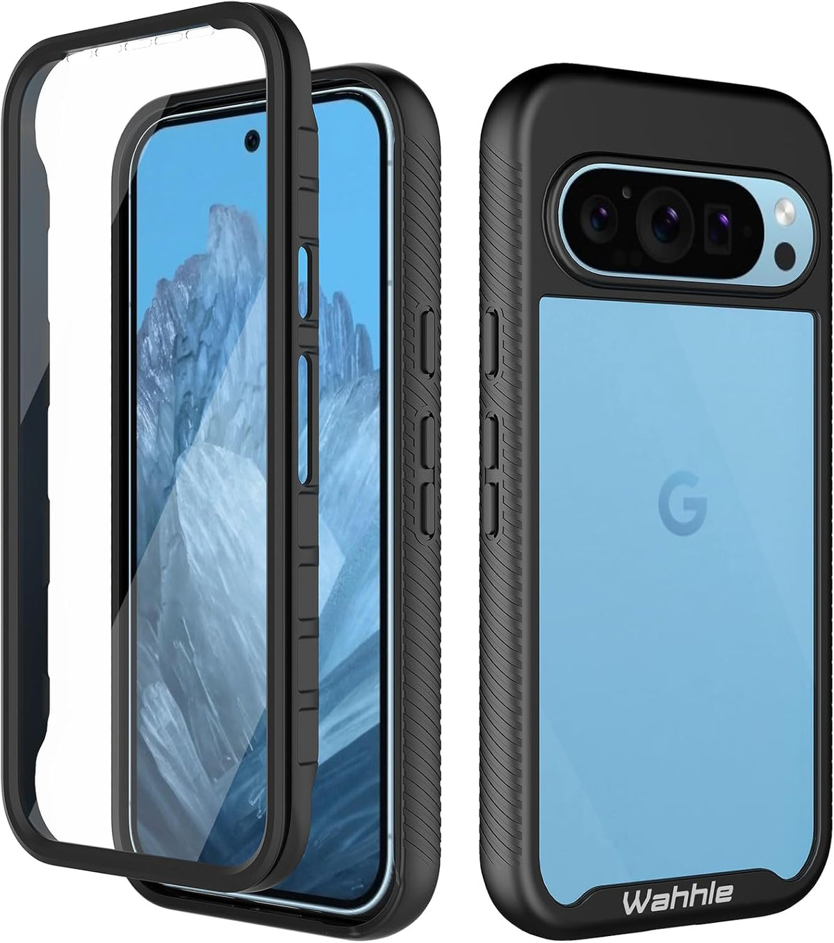wahhle Case for Google Pixel 9/9 Pro, Built-in Screen Protector, Full Body Shockproof Slim Fit Bumper Cover, Black/Clear