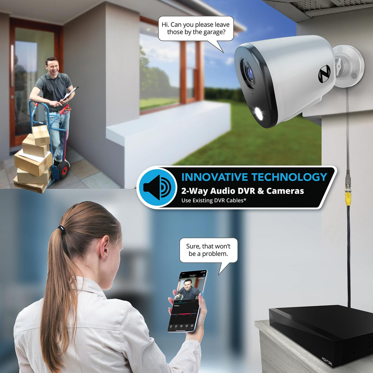 Night Owl 2-Way Audio 12 Channel DVR Video Home Security Camera System with (6) Wired 2K HD Indoor/Outdoor Deterrence Cameras and 2TB Hard Drive (Add