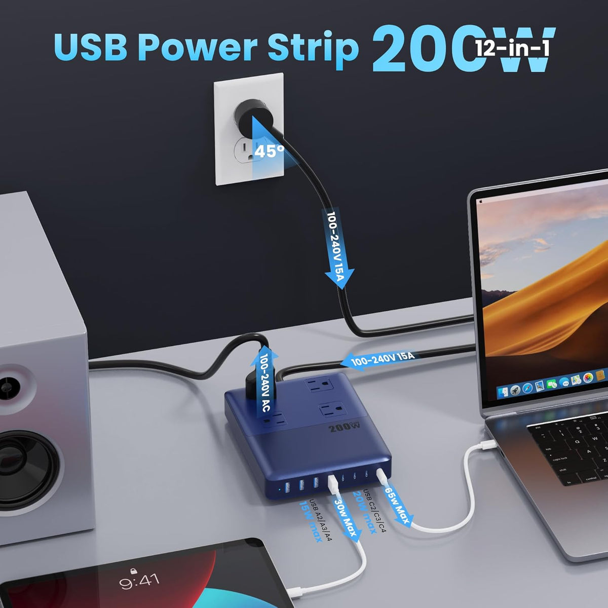 12-in-1 Charging Station USB C Power Strip with 5ft Cord,200W GaN IV USB C Charger Block,4 AC Outlets,4 USB-A,4 USB-C for MacBook,iPhone 16/15/14,Fast Charging Desktop Charger for Office (A-Blue)