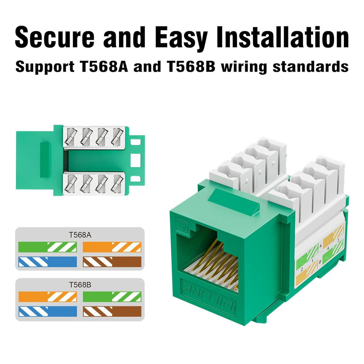 Iwillink Cat6 Keystone Jack and Punch-Down Stand, 50-Pack, RJ45 Ethernet Jack, 90-Degree UTP Modular Punch Down Adapter, Green