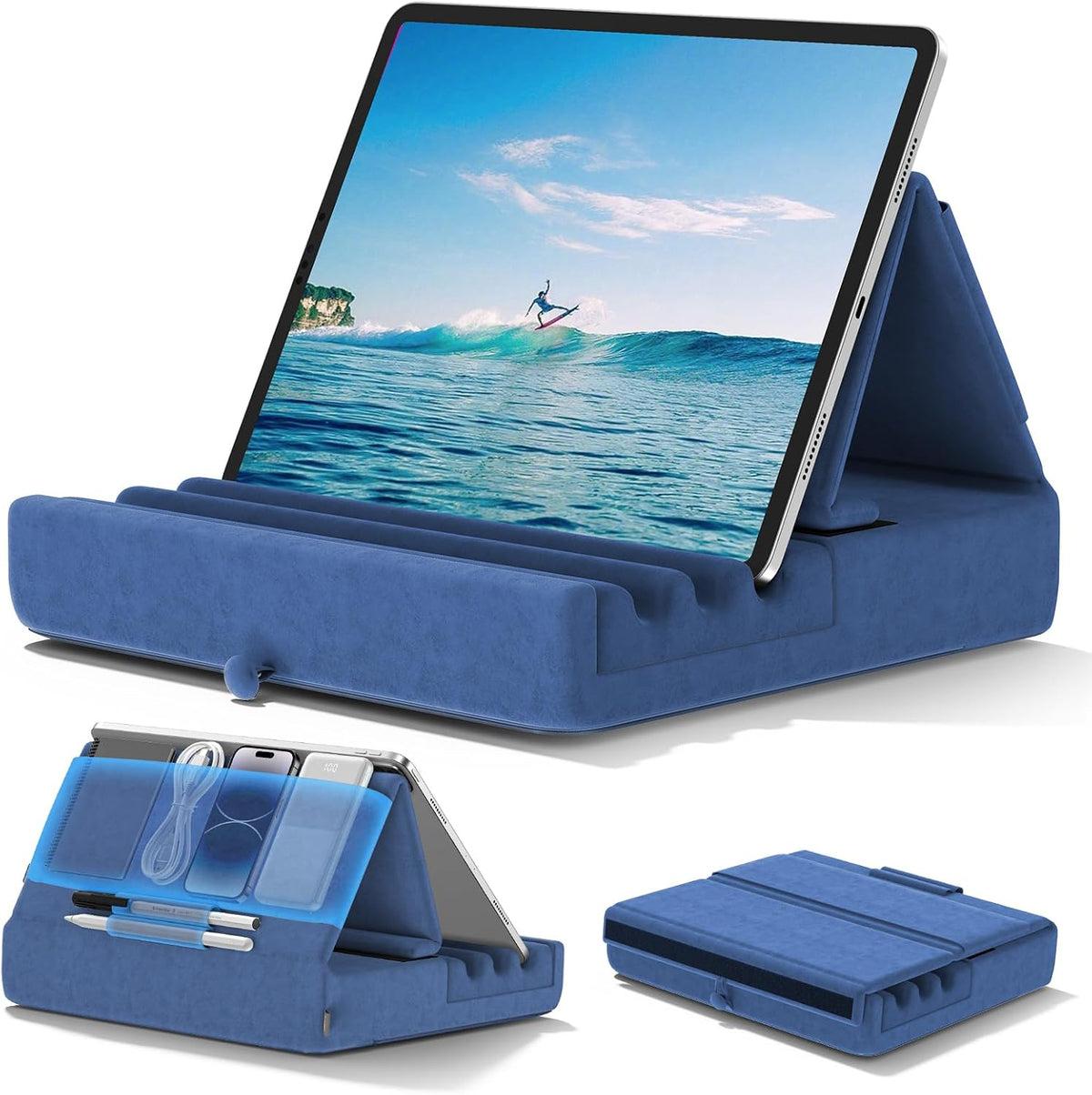 KDD Tablet Pillow Holder, Foldable iPad Stand for Lap, Bed and Desk -Tablet Soft Pad Dock with Pocket & Stylus Mount Compatible with iPad Pro 12.9, 10.5, 9.7 Air Mini 6 5 4 3, Galaxy Tab,E-Reader