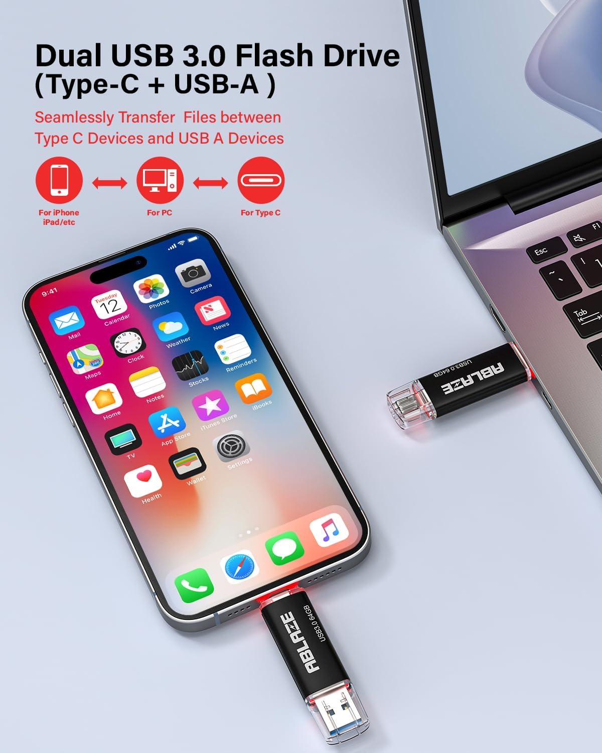 ABLAZE Type C Flash Drive 64GB, Dual USB 3.0+ USB C Flash Drive Compatible with iPhone 16/15,Android Smartphone,Computer,Tablet Mac Laptop