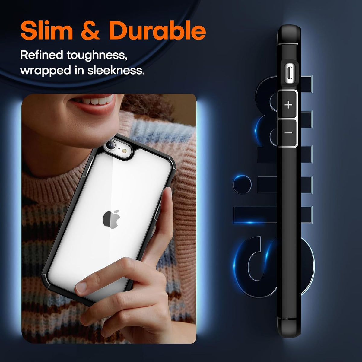 TAURI Slim iPhone SE Case 2022/3rd/2020/2nd, iPhone 8/7, Military Grade Drop Protection, Black + 2X Tempered Glass