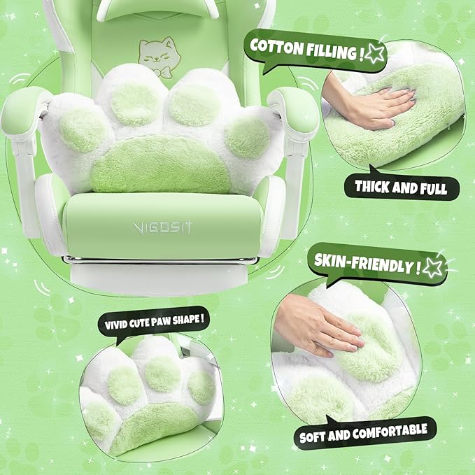 Gaming Chair Cute with Cat Ears Paw Lumbar and CushionErgonomic Computer Chair with FootrestReclining PC Game Chair for Girl Computer Chair 300lbs for Adult (Green)
