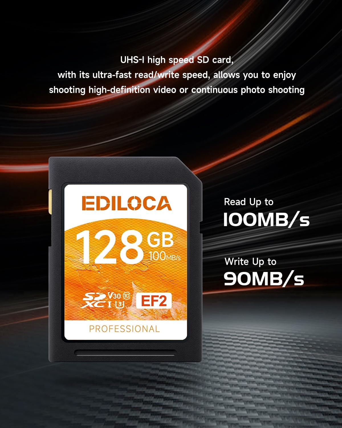 EF2_128GB UHS-I SD Card, Fast Storage with Read Speed 100MB/s, Write Speed 90MB/s, C10, U3
