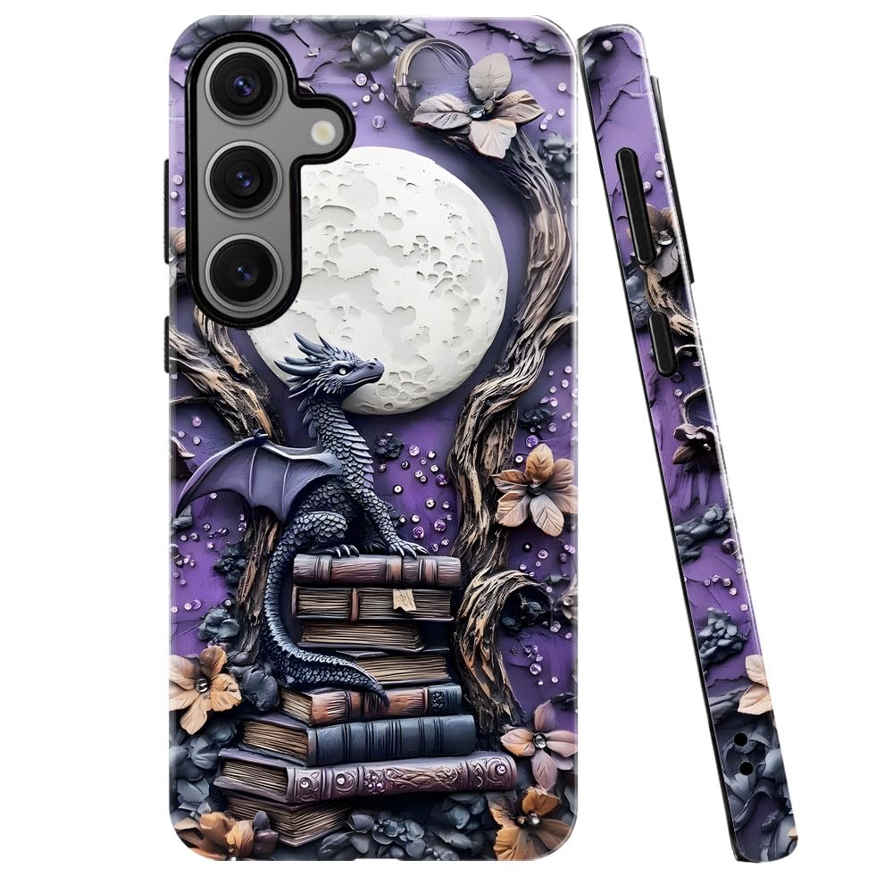 Case For Samsung Galaxy S24,Purple Dragon Book Moon Flower Phone Case Military-Grade Drop Protection Cover For Women Girl - Glos