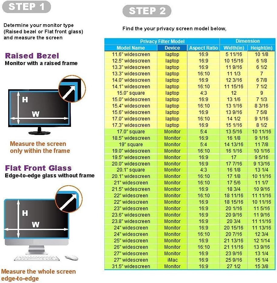 21 Inch (Measured diagonally) 16:10 Wide -Monitor Privacy Screen Filter - Width 17.8 Inch (452 mm), Height 11.14 Inch (283 mm) Except Edges - Please Check The Dimensions of The Screen!