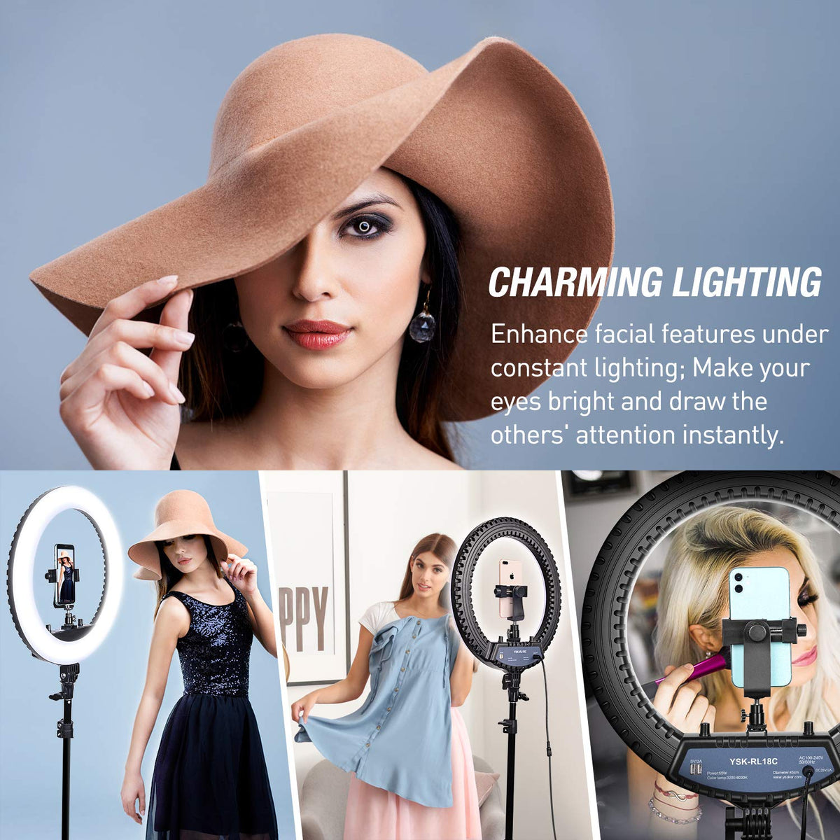 Yesker Ring Light 18 Inch with Stand Tripod Big Selfie Ringlight Adjustable 6000K Dimmable LED Portable Professional Ring Lights Kit Phone Holder