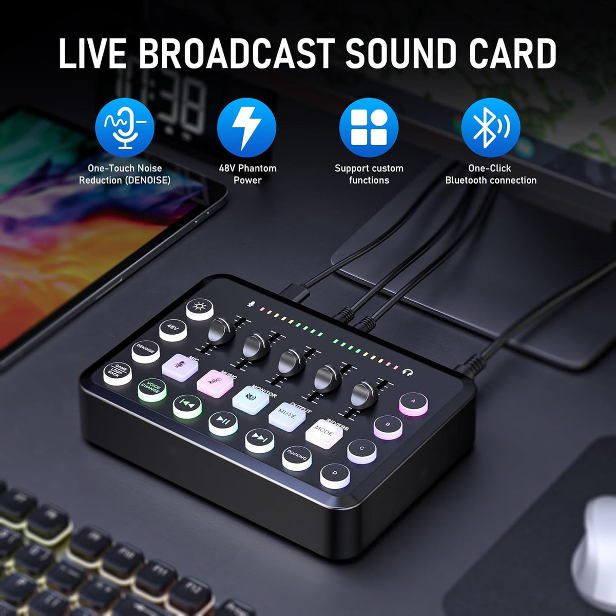 F11 Gaming Audio Mixer, Sound Board for PS5/ PC/Phone, Live Streaming Audio Interface with 3.5mm/XLR Microphone Input, Individual Control Live Sound Card, DJ Mixer Effects, Voice Changer, Denoise