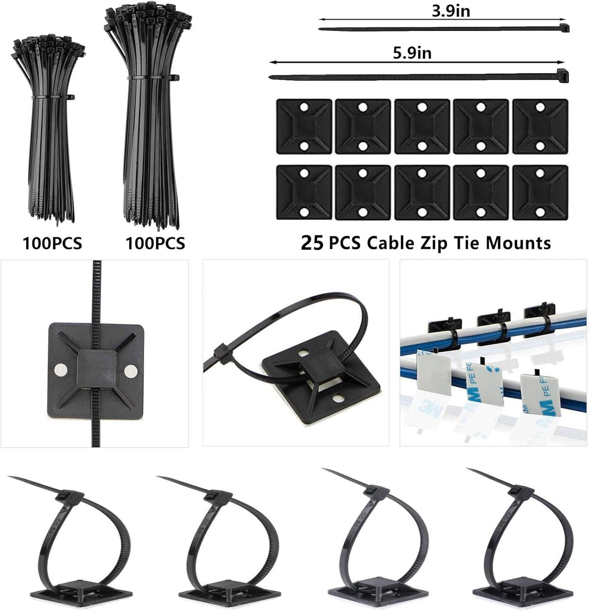 ELII 328Pcs 8 Holder,69Adhesive Clips,4 Split,22Reusable Strap,200 25 Cable Management Kit, Magnetic Cable Cable Cable