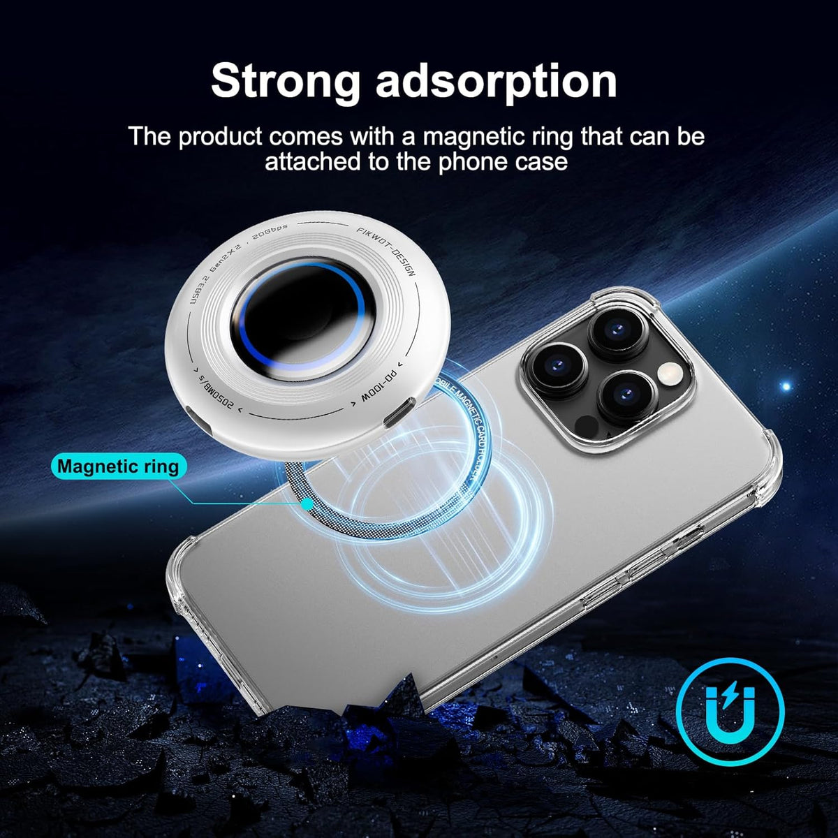 FP108 1TB Magnetic Portable SSD, External Solid State Drives with PD-100W and 2050MB/s USB-C 3.2 Gen 2x2, Play While Charging, Compatible with iPhone 16/15 Pro Max, Android, PC, Mac, Switch Lite