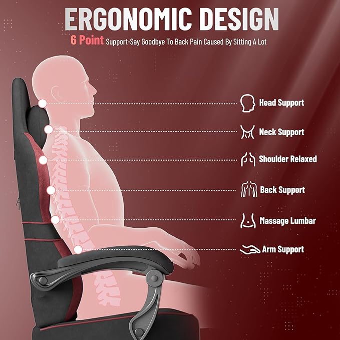 Ferghana Velvet Fabric Ergonomic Gaming Chair with Footrest and Linkage Armrest High Back Computer Game Chair with Massage Lumbar Support for Adult(Black/Red)