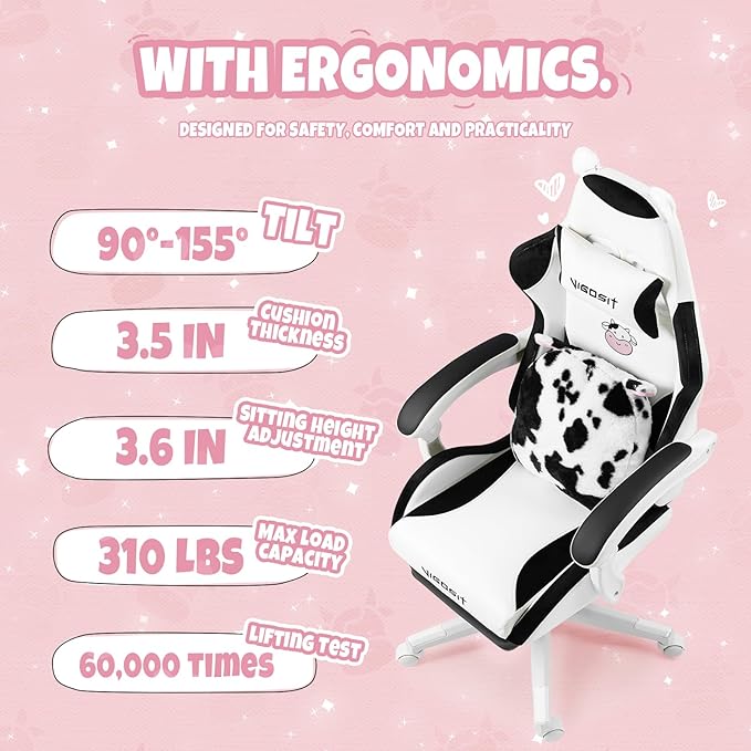 Cute Gaming Chair for Girl Ergonomic Cat Computer Chair with Armrests High Back Video Game Chairs with Footrest and Massage Lumbar Support for Teen &amp Woman Adjustable Height (Black+White)