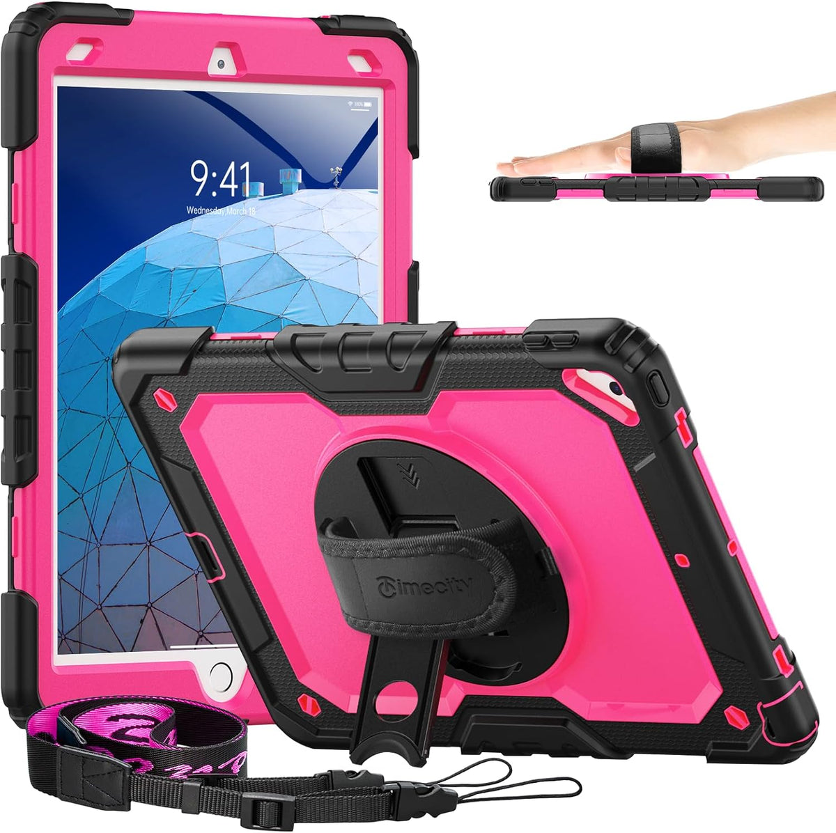 Timecity for iPad Air 3/ Pro 10.5 Inch Case, 360° Rotating Stand, Pencil Holder, Shockproof with Screen Protector & Shoulder Strap - Heavy Duty Protection Case for iPad Air 3rd Gen - Rose