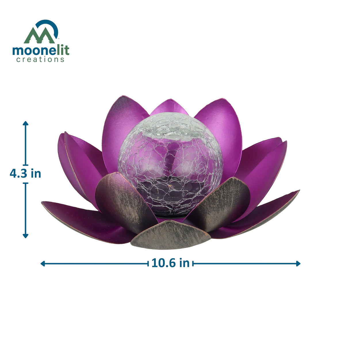 MooneLit Creations MCSLOTUS-V Violet Lotus Flower Solar LED Garden Light with Crackled Glass Globe - Waterproof Metal Outdoor Décor