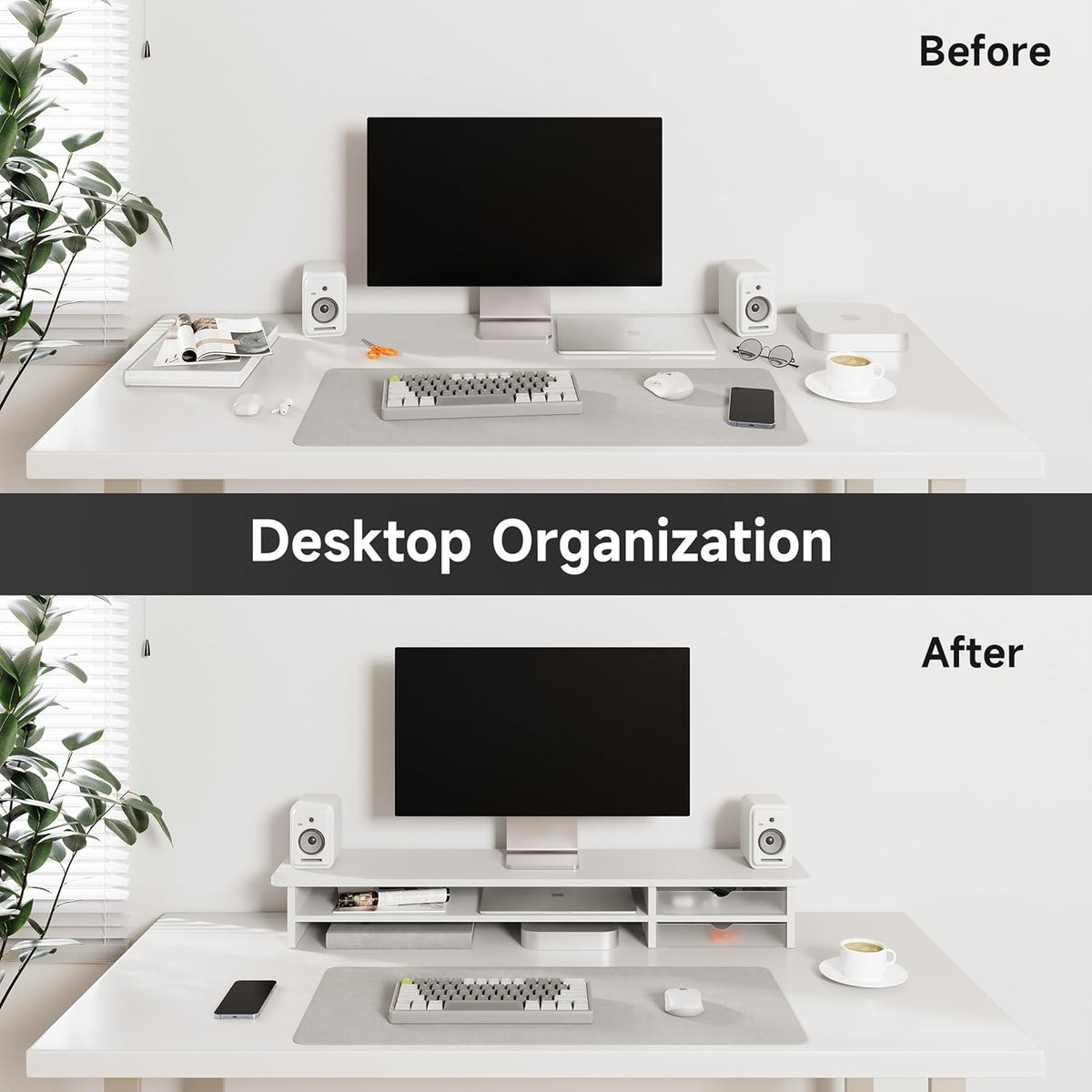 Fenge Monitor Stand, Dual Monitor Riser, 42.5inch Large Desk Computer Monitor Stand Riser with Drawer, 2 Tier Wood & Acrylic Desktop Organizer for Computer, Laptop, Printer, TV Screen Riser
