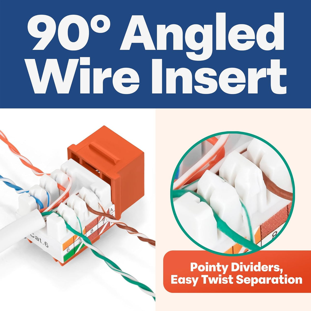 Everest 90° Angled RJ45 Cat6 Keystone Jacks 100-Pack in Orange - Slim Profile Female RJ45 Connectors - Cat 6 Keystone Jack - Compatible with 90° Angled Speed Termination Tool - easyJACK (B094WB91H3)