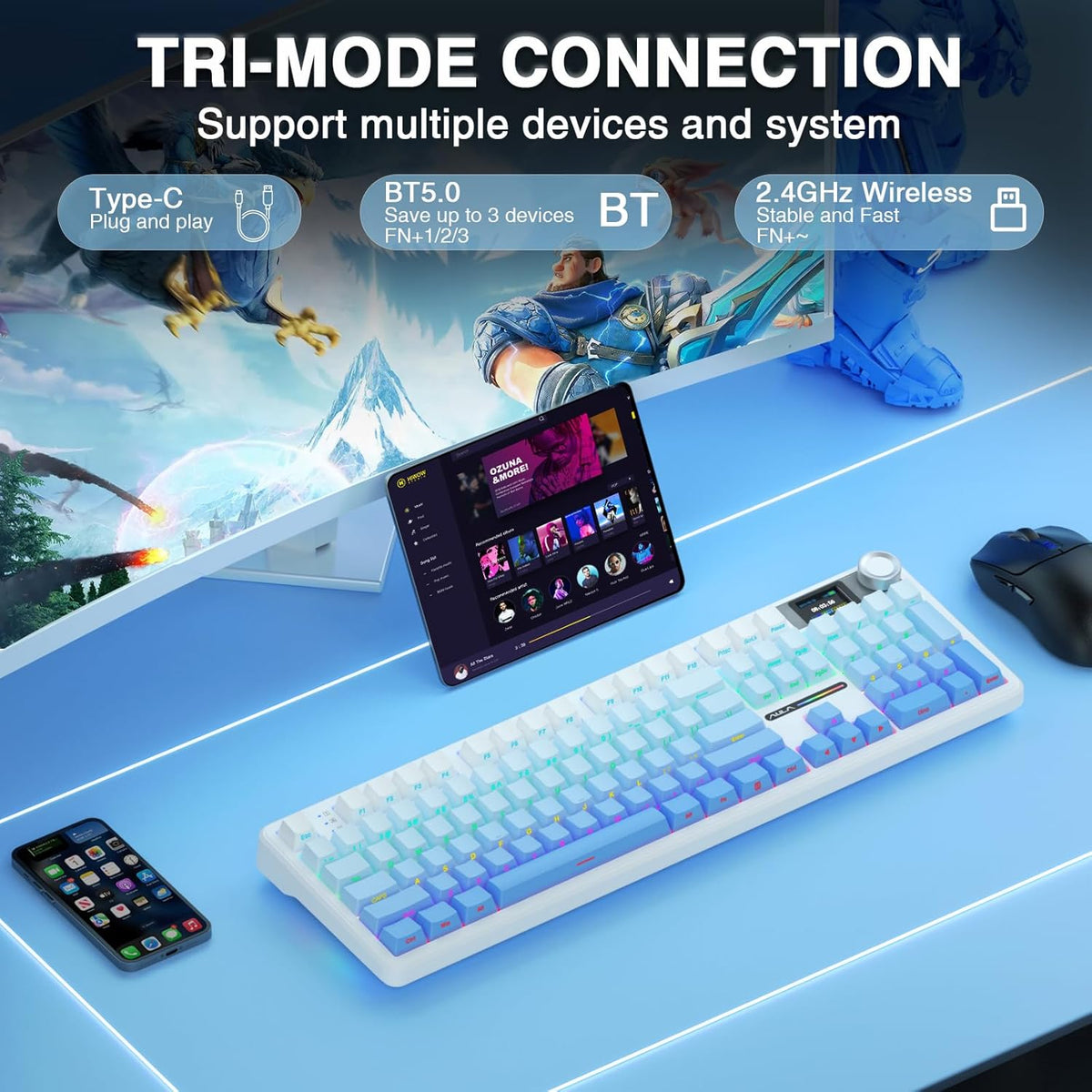 AULA F108 PRO - Wireless Mechanical Keyboard with Screen&Knob,Hot Swappable Gaming Keyboard with 8000mAh Battery,Pre-lubed Switches,RGB Backlit,PBT Keycaps Creamy Sounding Computer Keyboards,104 Keys