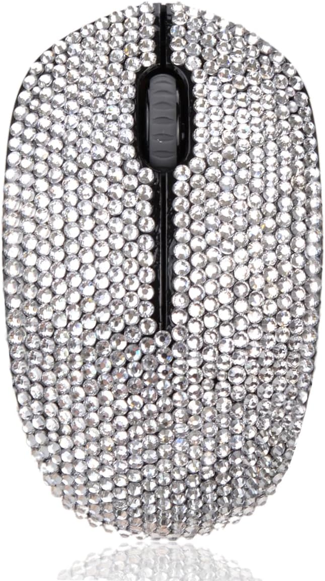 Bling Dazzling 2.4GHz Wireless Silent Mouse Covered with Rhinestone Crystal Crystallized Mouse with USB Receiver Compatible with Notebook PC Laptop Computer MacBookGreat Gift (White)