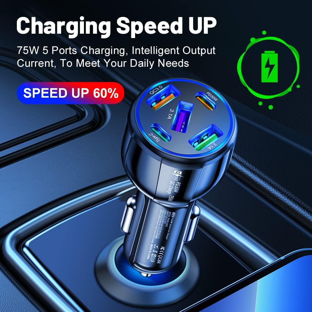 75W USB C Car Charger, 5-Port Adapter, PD & QC3.0 Fast Charging Cigarette Lighter USB Charger for iPhone/Android/Samsung