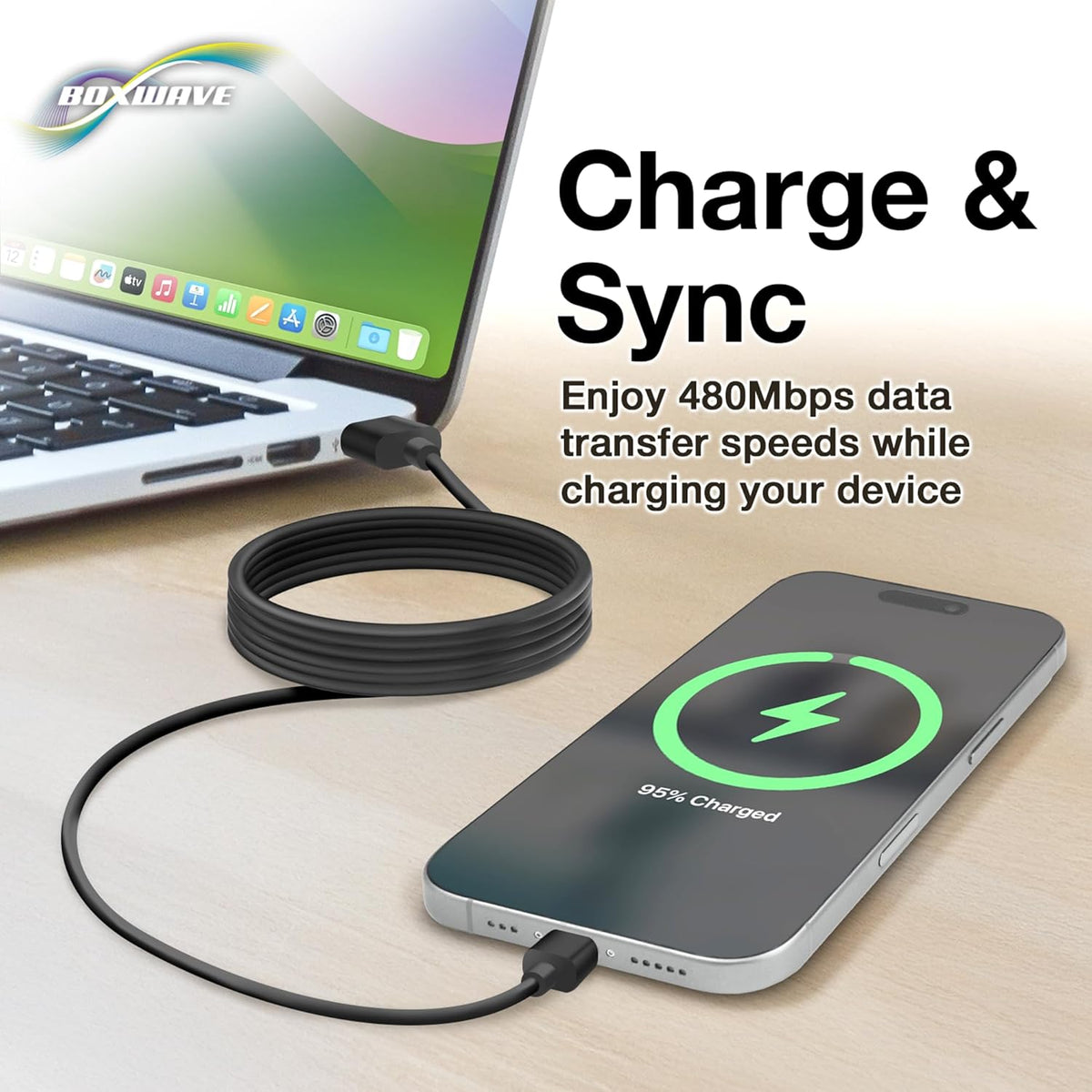 BoxWave Cable for Doogee S96 Pro - DirectSync USB 3.0 A to USB 3.1 Type C, 6ft Charge and Sync Cable, Black