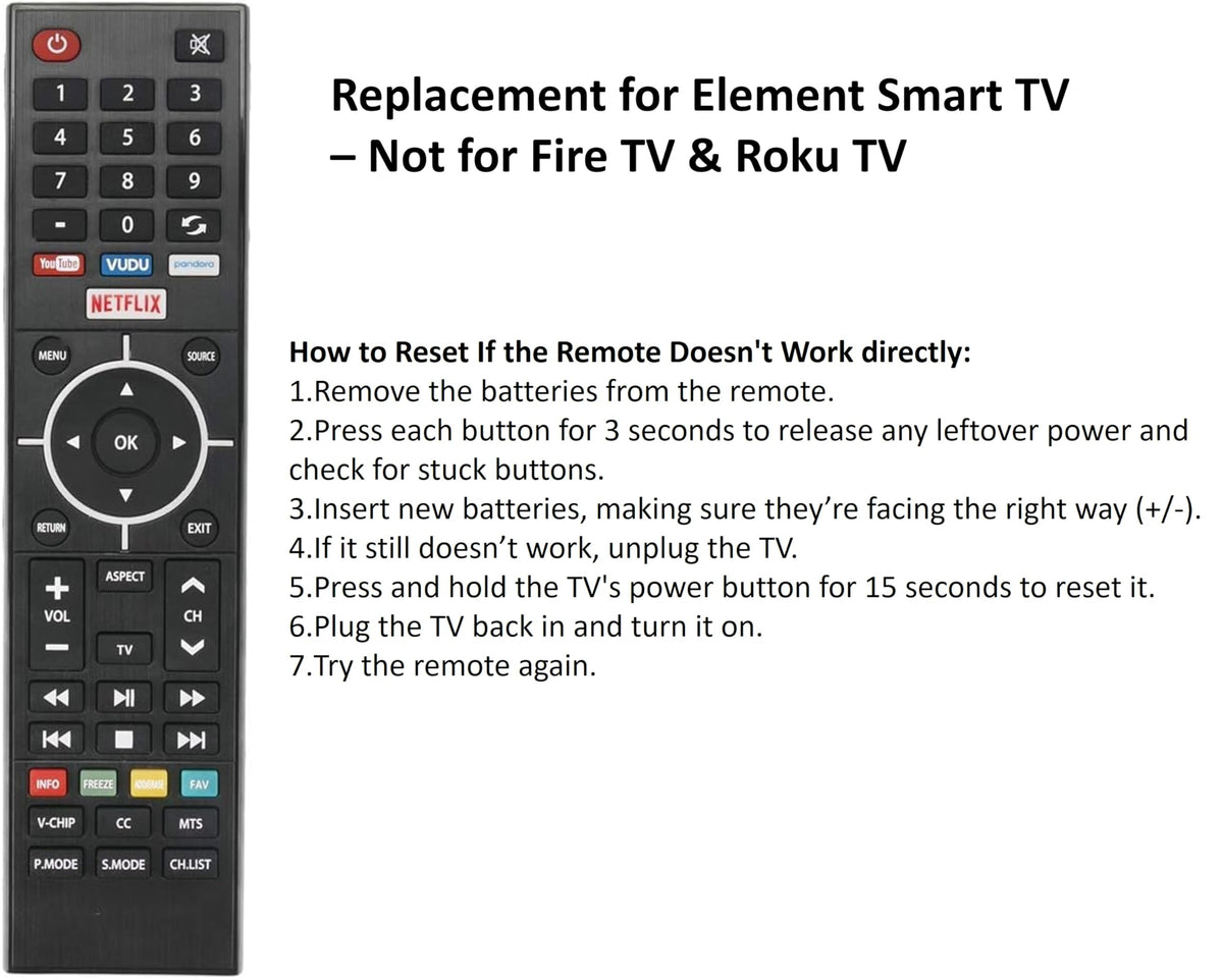 Replacement for Element Smart TV Remote Control - Not for Fire & Roku TV