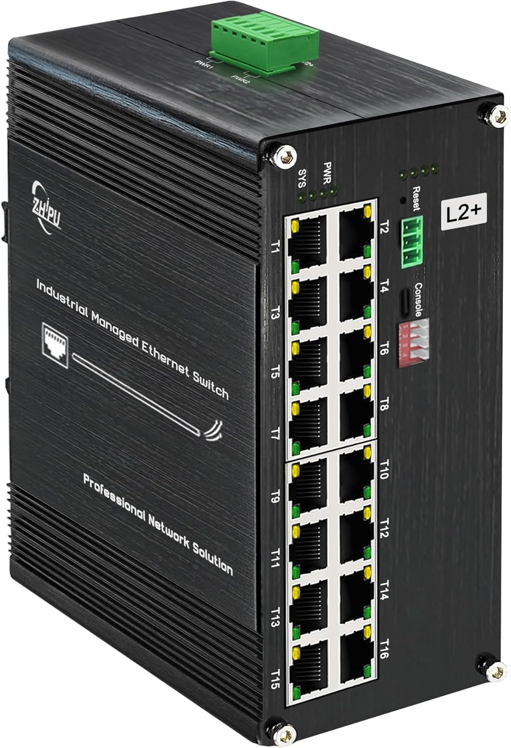 Industrial L2+ Managed 16 Port PoE Ethernet Switch, Gigabit Networking Switch with IPv4/IPv6 Management and DIP Switch, Supporting Din-Rail