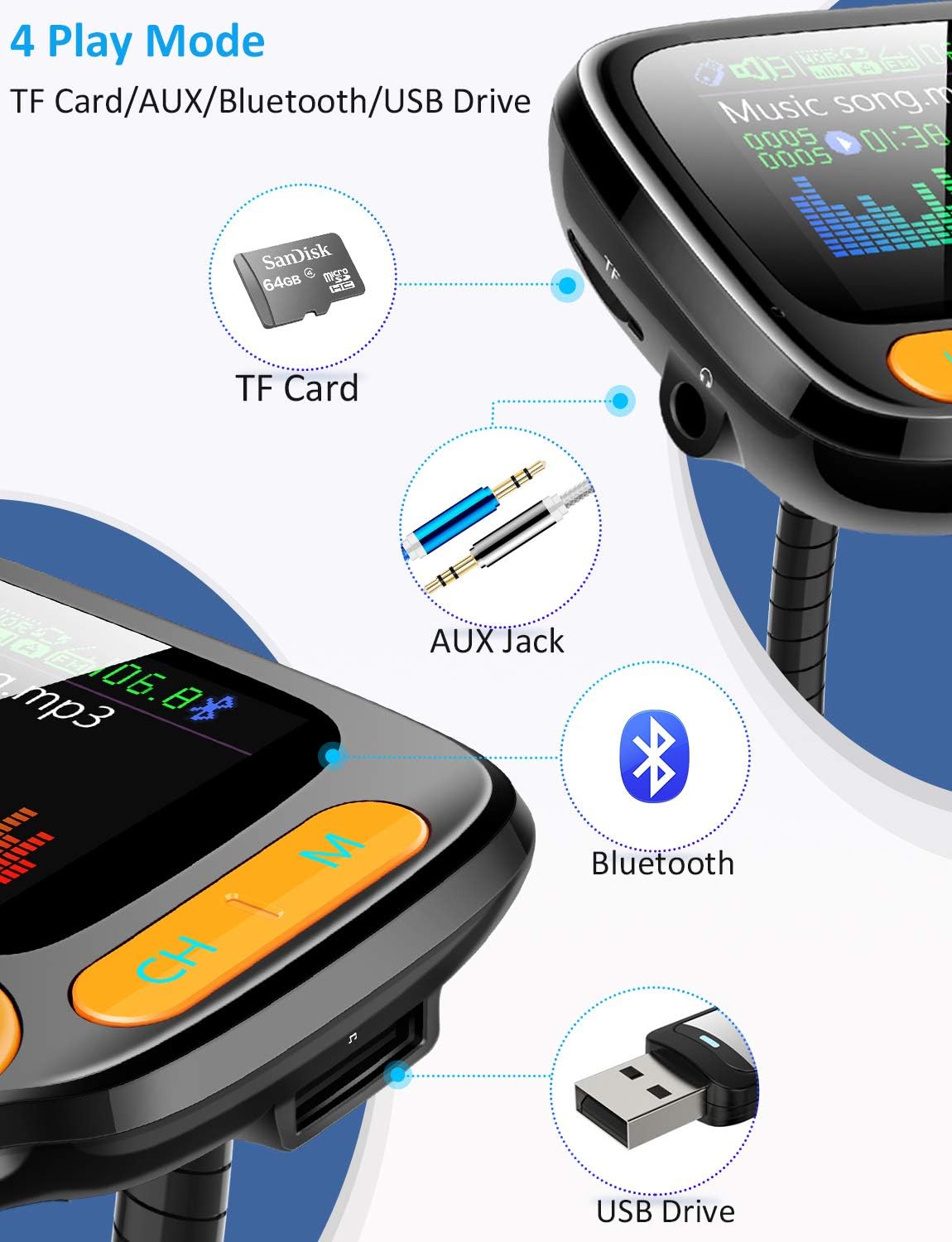 Bluetooth FM Transmitter Car Adapter, Wireless Handsfree Call, MP3 Music Play, 1.8" Color Screen, 3 USB Charger
