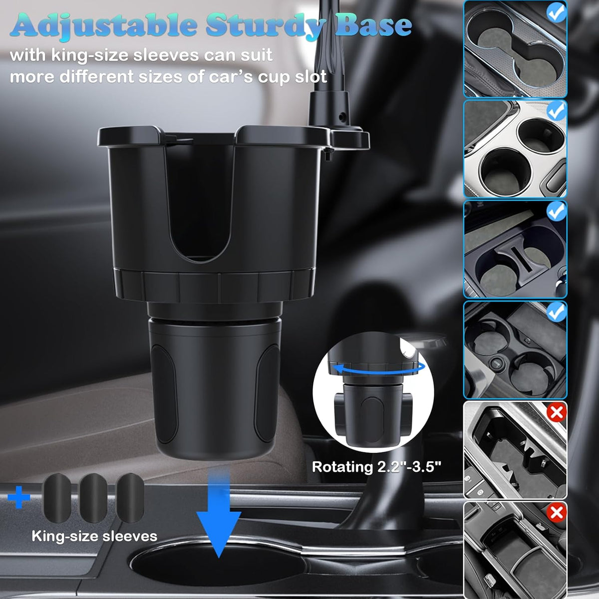 2024 Upgraded 2 in 1 Car Cup Holder Expander with Adjustable Base Long Gooseneck 360° Rotation Phone Holder