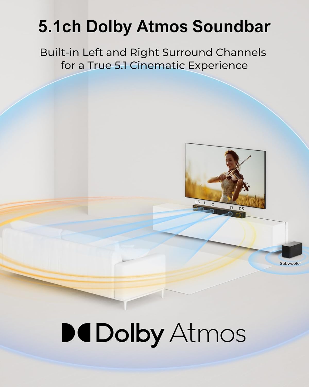 ULTIMEA 5.1CH Surround Sound Bar with Subwoofer, Dolby Atmos, VoiceMX, BassMX, APP, 300W Soundbar for Smart TV, Home Theater Surround Sound System for TV, BT 5.4, Poseidon M60 (2025 Model)