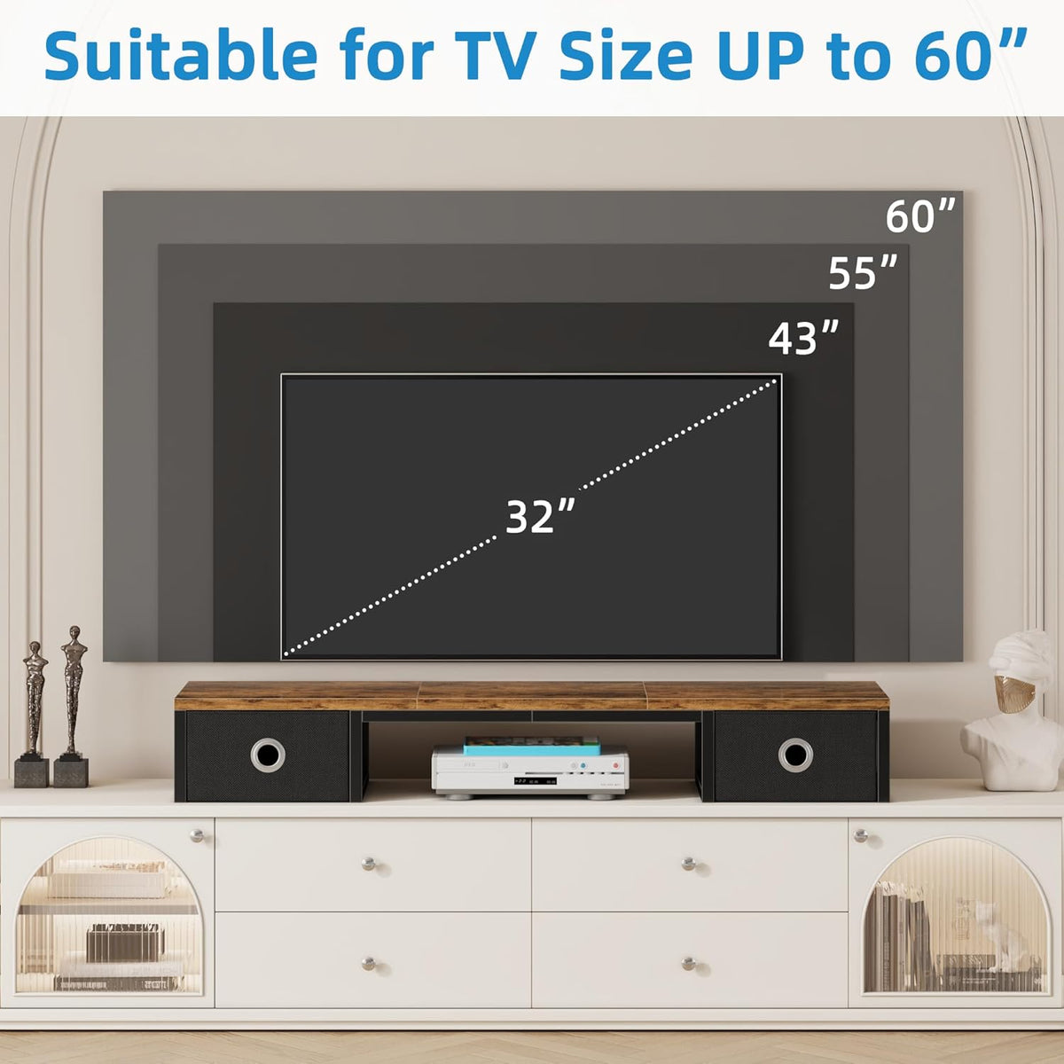 45" Large TV Riser with Fabric Drawers for 32-60 inch TV, TV Stand Riser with Steel Legs, Tabletop TV Riser Shelf, Monitor Stand Riser for Home Office, Rustic Brown