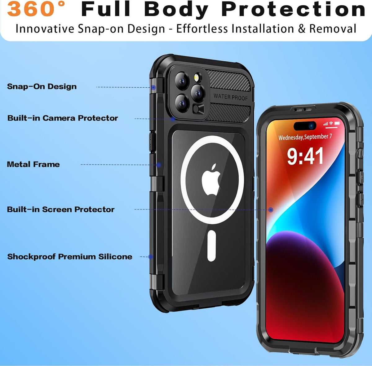 Metal Heavy Duty Waterproof Case for iPhone 13 Pro Max, Compatible with MagSafe, Military Grade Shockproof, Black